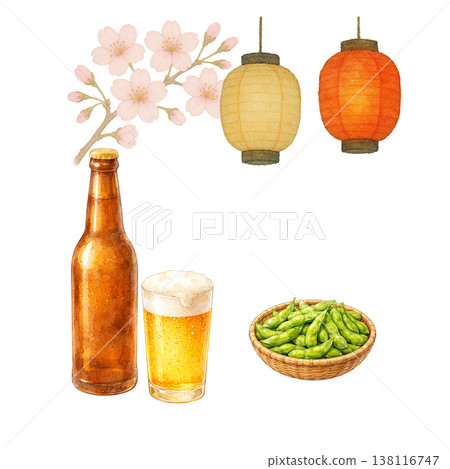 簡單的元素，啤酒、毛豆、燈籠和櫻花；白色背景上的居酒屋（日本酒吧）節日賞櫻圖片。 138116747