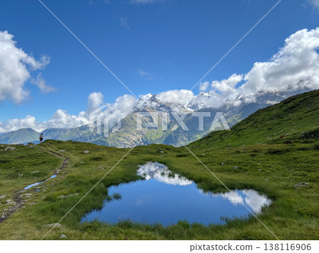 Small alpine pond reflecting Mont Blanc peaks, France Small alpine pond reflecting Mont Blanc peaks, France 138116906