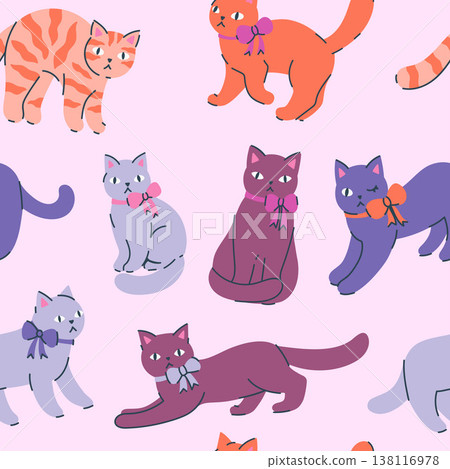 Seamless pattern with cats wearing bows on their necks. Vector graphics. Seamless pattern with cats wearing bows on their necks. Vector graphics. 138116978