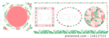 熱帶植物剪影邊框，以粉紅色花朵和葉子為特色 - 夏季自然邊框背景素材 138117131