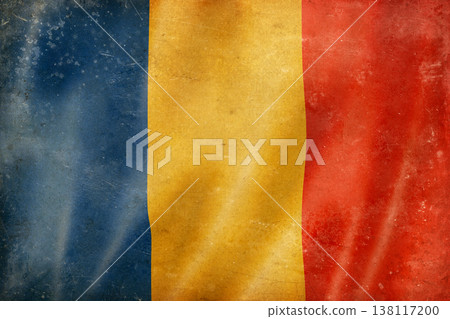 Old vintage flag of Romania, worn and stained 138117200