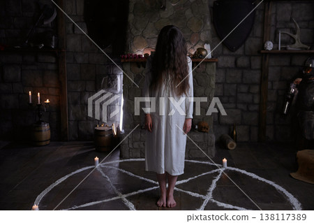 Lady in white safeguarding magic within sacred stone chamber 138117389