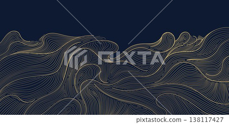 Luxury abstract gold wave pattern with elegant line art, dark background. Japanese and Chinese vector design flowing curves, cloud, water motifs, organic shapes, smooth silk texture. Luxury abstract gold wave pattern with elegant line art, dark background. Japanese and Chinese vector design flowing curves, cloud, water motifs, organic shapes, smooth silk texture. 138117427