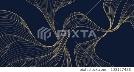Luxury abstract gold wave pattern with elegant line art, dark background. Japanese and Chinese vector design flowing curves, cloud, water motifs, organic shapes, smooth silk texture. Luxury abstract gold wave pattern with elegant line art, dark background. Japanese and Chinese vector design flowing curves, cloud, water motifs, organic shapes, smooth silk texture. 138117428