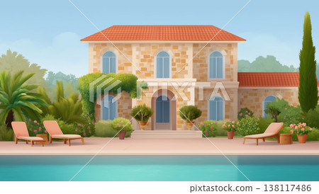 Cartoon luxurious Mediterranean villa with a sparkling swimming pool, a sprawling green garden, comfortable lounge chairs, and vibrant plants, depicting a dream summer vacation 138117486