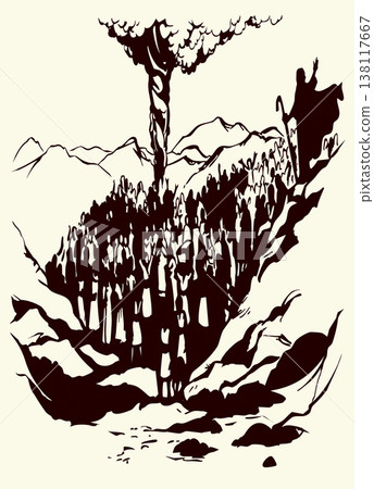 Vector drawing. The people of Israel and the pillar of cloud Vector drawing. The people of Israel and the pillar of cloud 138117667