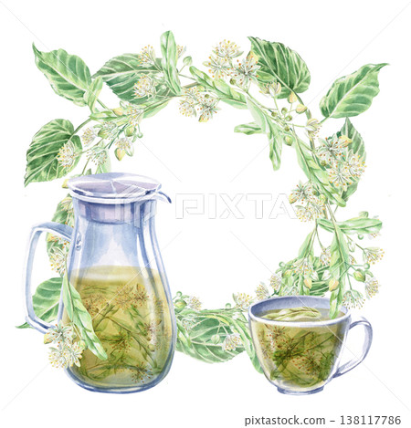 Jug and cup with linden tea and wreath of linden flowers. Isolated watercolor illustration for design of pharmaceutical, cosmetic, eco-friendly products and beverages, food products. Jug and cup with linden tea and wreath of linden flowers. Isolated watercolor illustration for design of pharmaceutical, cosmetic, eco-friendly products and beverages, food products. 138117786