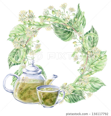 Wreath of blossoming linden branches with teapot and cup. Isolated watercolor illustration for pharmaceutical, cosmetic, eco-friendly products and beverages, food, health design. Wreath of blossoming linden branches with teapot and cup. Isolated watercolor illustration for pharmaceutical, cosmetic, eco-friendly products and beverages, food, health design. 138117792
