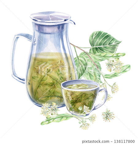 Jug and cup with linden tea and linden branches and flowers. Isolated watercolor illustration for pharmaceutical, cosmetic, eco-friendly products and beverages, food, health, essential oils design. Jug and cup with linden tea and linden branches and flowers. Isolated watercolor illustration for pharmaceutical, cosmetic, eco-friendly products and beverages, food, health, essential oils design. 138117800
