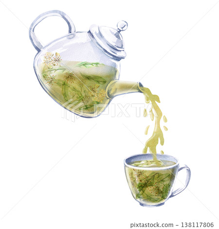 Teapot pouring linden tea into a cup. Isolated watercolor illustration is suitable for pharmaceutical, cosmetic, eco-friendly products and beverages, food, health, essential oils design. Teapot pouring linden tea into a cup. Isolated watercolor illustration is suitable for pharmaceutical, cosmetic, eco-friendly products and beverages, food, health, essential oils design. 138117806
