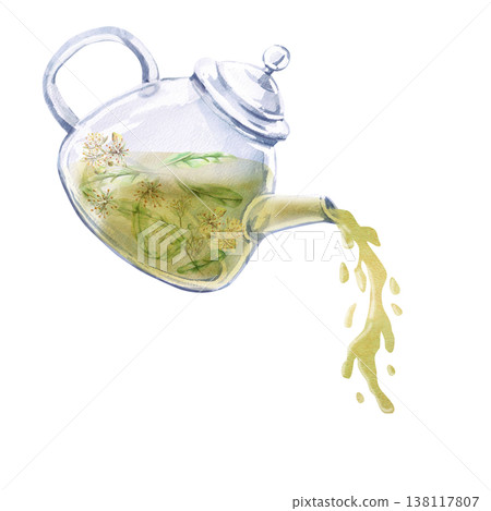 Teapot pouring linden tea. Isolated watercolor illustration is suitable for pharmaceutical, cosmetic, eco-friendly products and beverages, food, health, essential oils design. Teapot pouring linden tea. Isolated watercolor illustration is suitable for pharmaceutical, cosmetic, eco-friendly products and beverages, food, health, essential oils design. 138117807