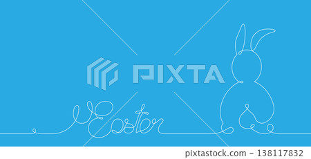 Easter Bunny banner in white ine art style, Minimalist design, Continuous One Line Drawing Bunny for Spring Concept Card, vector illustration isolated on blue background, copy space for text Easter Bunny banner in white ine art style, Minimalist design, Continuous One Line Drawing Bunny for Spring Concept Card, vector illustration isolated on blue background, copy space for text 138117832