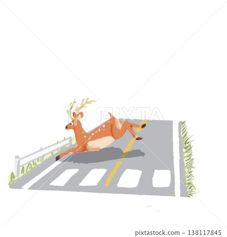 鹿過馬路的剪影;道路和鹿;動物警告圖示;交通安全宣傳資料。 鹿過馬路的剪影;道路和鹿;動物警告圖示;交通安全宣傳資料。 138117845
