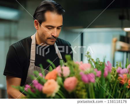 Dedicated male florist crafting a vibrant bouquet, meticulously arranging fresh flowers with expertise and focus in a professional workshop setting 138118176