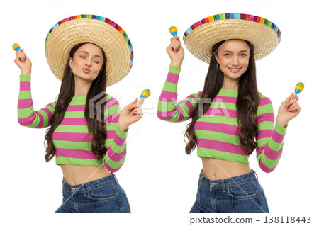 Cinco de Mayo, Young woman dances with maracas wearing a sombrero, PNG Cinco de Mayo, Young woman dances with maracas wearing a sombrero, PNG 138118443