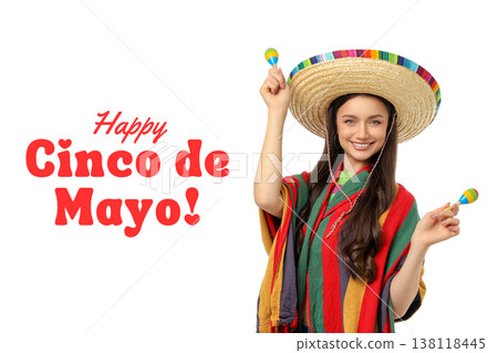 Young woman celebrates Cinco de Mayo in traditional wear, PNG 138118445