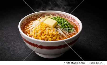 黑色背景上,玉米黃油味噌拉麵的誘人畫面。 黑色背景上,玉米黃油味噌拉麵的誘人畫面。 138118459