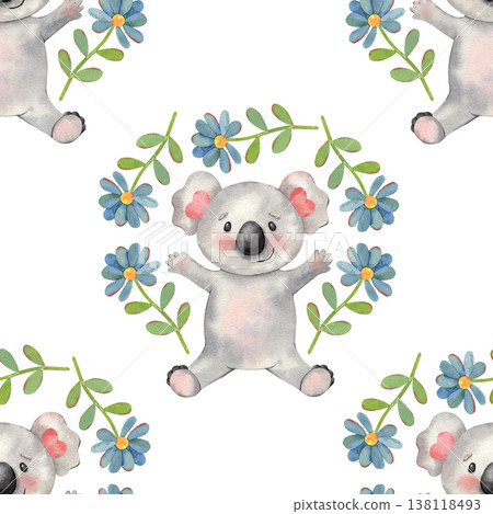 Hand-painted watercolor seamless pattern with funny koala, blue flower wreath isolated on white. Cute, playful design perfect for kids products, nursery decor, textile, packaging, stationery, branding 138118493