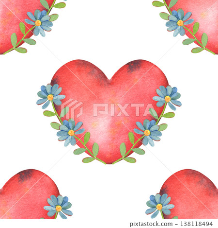 Hand-painted watercolor seamless pattern with red hearts and blue flowers, isolated on white. Perfect for Valentine designs, romantic wedding branding, wrapping paper, textiles, cards and packaging Hand-painted watercolor seamless pattern with red hearts and blue flowers, isolated on white. Perfect for Valentine designs, romantic wedding branding, wrapping paper, textiles, cards and packaging 138118494