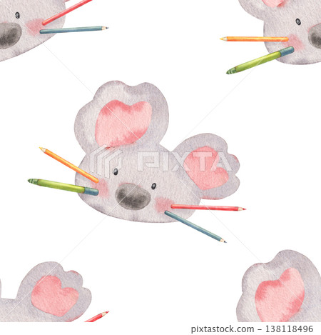 Seamless pattern, funny koalas with pencil mustaches. Hand-painted watercolor illustration isolated on white. Cute, quirky design perfect for kids products, stationery, textiles, packaging, branding Seamless pattern, funny koalas with pencil mustaches. Hand-painted watercolor illustration isolated on white. Cute, quirky design perfect for kids products, stationery, textiles, packaging, branding 138118496