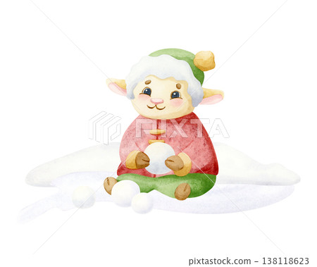 Baby lamb making snowball near snowdrift isolated watercolor illustration. Hand drawn small cartoon sheep in winter clothes and hat clip art. Christmas and New year holidays card for kids 138118623
