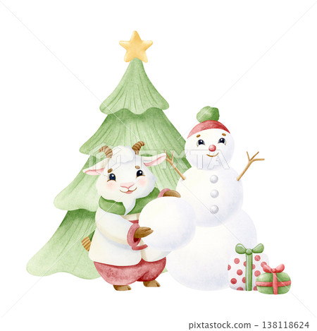 Watercolor snowman with goat, gift boxes and Christmas tree isolated illustration. New Year 2027 symbolic animal hand drawn holiday cartoon clip art in pastel colors for holiday greeting cards Watercolor snowman with goat, gift boxes and Christmas tree isolated illustration. New Year 2027 symbolic animal hand drawn holiday cartoon clip art in pastel colors for holiday greeting cards 138118624