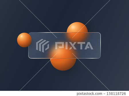 Frosted glass horizontal panel with orange glowing spheres on a blue gradient background. 138118726