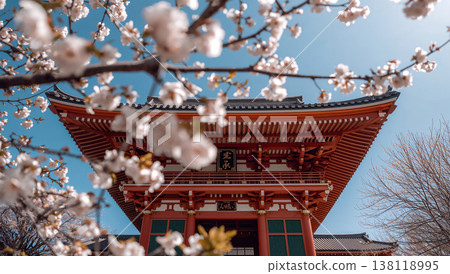 A spring scene of shrine architecture viewed from a low vantage point, seen through cherry blossoms. 138118995