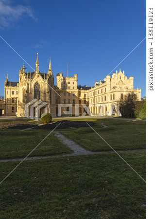 Lednice Chateau building and garden on sunny day Lednice Chateau building and garden on sunny day 138119123