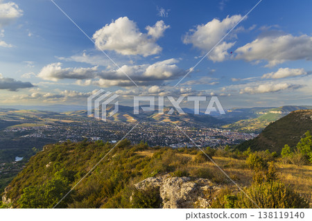 Creissels town valley view with distant mountains Creissels town valley view with distant mountains 138119140