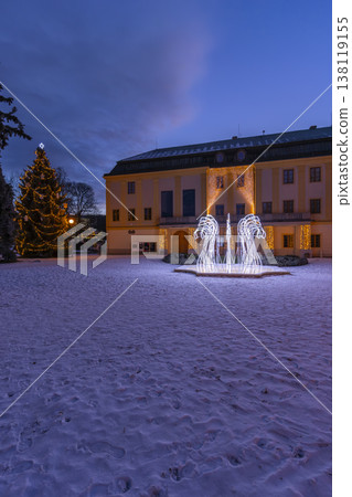Zlin castle building illuminating festive winter Christmas decorations at dusk Zlin castle building illuminating festive winter Christmas decorations at dusk 138119155