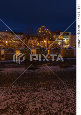 Christmas market stalls on namesti Miru Zlin at night 138119158