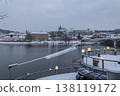 Prague Castle and Vltava river in snowy winter 138119172