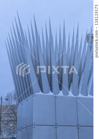 Metronome sculpture sharp spikes in Alsovo nabrezi, Prague Metronome sculpture sharp spikes in Alsovo nabrezi, Prague 138119173