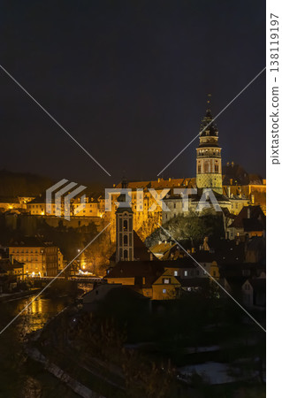 Cesky Krumlov castle and historic town glowing at night Cesky Krumlov castle and historic town glowing at night 138119197