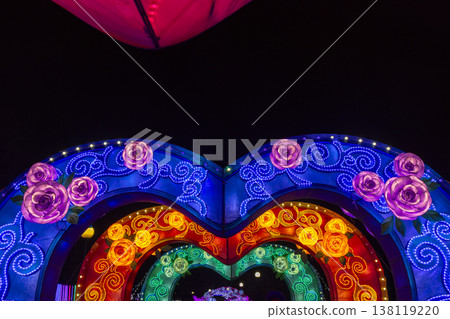 Colorful heart tunnel with glowing roses at night Colorful heart tunnel with glowing roses at night 138119220