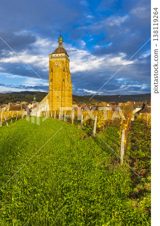 Bell tower of Notre Dame in Arbois, Jura vineyards Bell tower of Notre Dame in Arbois, Jura vineyards 138119264