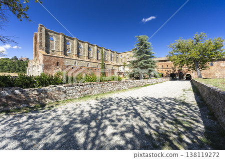 San Galgano Abbey ruins under blue sky in Tuscany 138119272