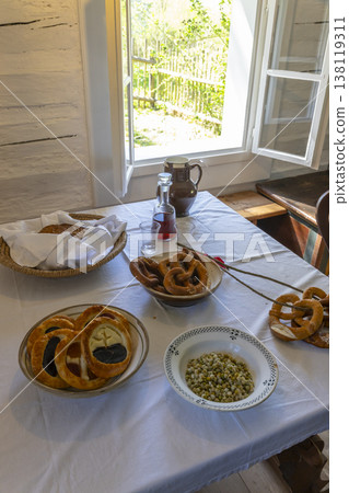 Traditional Czech pastries and bread on rural table Traditional Czech pastries and bread on rural table 138119311