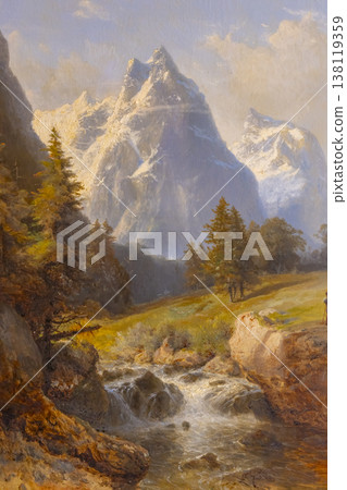 Alpine river flowing through snowy mountain landscape painting Alpine river flowing through snowy mountain landscape painting 138119359