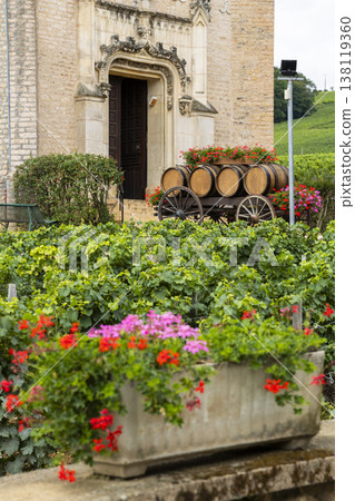 Fuisse, France, vineyard showing traditional wine barrels Fuisse, France, vineyard showing traditional wine barrels 138119360