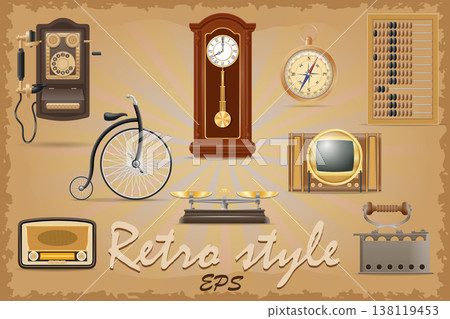 set of much objects retro old vintage icons stock vector illustration set of much objects retro old vintage icons stock vector illustration 138119453