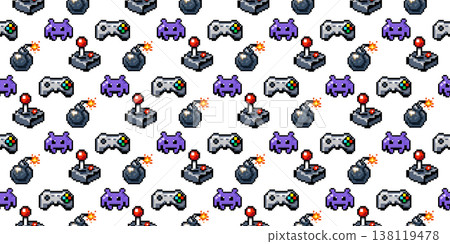 Pixel arcade game icons seamless pattern with controller joystick bomb and alien elements Pixel arcade game icons seamless pattern with controller joystick bomb and alien elements 138119478