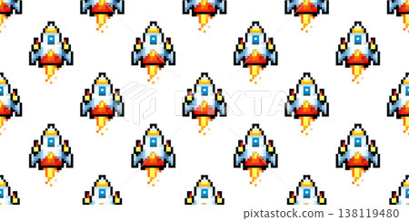 Pixel rocket seamless pattern with retro space game background in 8bit style Pixel rocket seamless pattern with retro space game background in 8bit style 138119480