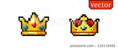 Pixel game crown icons in retro arcade style with golden royal videogame elements 138119488