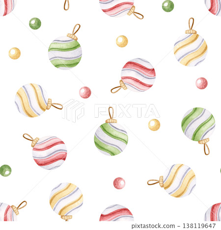 Christmas baubles ornaments watercolor seamless pattern on white. Hand drawn striped tree toys in pastel yellow, red and green colors. New Year hanging balls background for festive wrapping paper Christmas baubles ornaments watercolor seamless pattern on white. Hand drawn striped tree toys in pastel yellow, red and green colors. New Year hanging balls background for festive wrapping paper 138119647