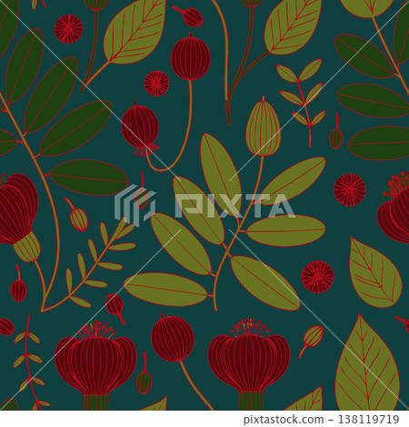 Elegant vintage floral seamless pattern featuring stylized red blooms, berries, and forest green foliage on a deep teal background for textiles. Elegant vintage floral seamless pattern featuring stylized red blooms, berries, and forest green foliage on a deep teal background for textiles. 138119719