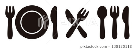 Fork, knife, spoon and plate cute icons, tableware set, dining silverware Fork, knife, spoon and plate cute icons, tableware set, dining silverware 138120118