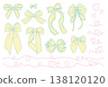 Cute Ribbon Bow Set with Hearts and Decorative Swirls, Romantic Hand Drawn Collection, Pastel Line Art Vector Illustration for Wedding, Valentine Cards, Gift Design, Packaging and Scrapbooking 138120120