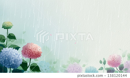 Hydrangea flowers in a rainy scene. Simple background illustration. Copy space available. 138120144